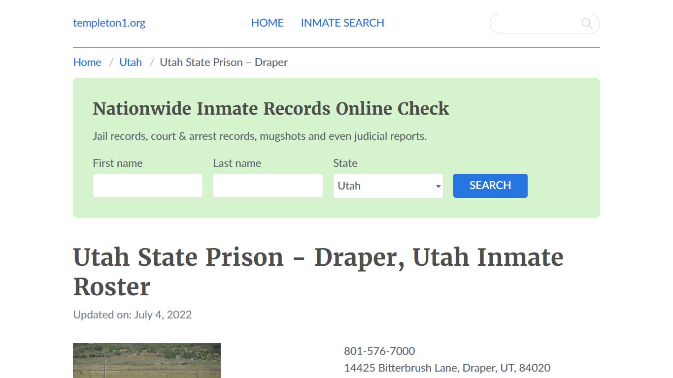 Utah State Prison - Draper, Utah Inmate Booking - Templeton