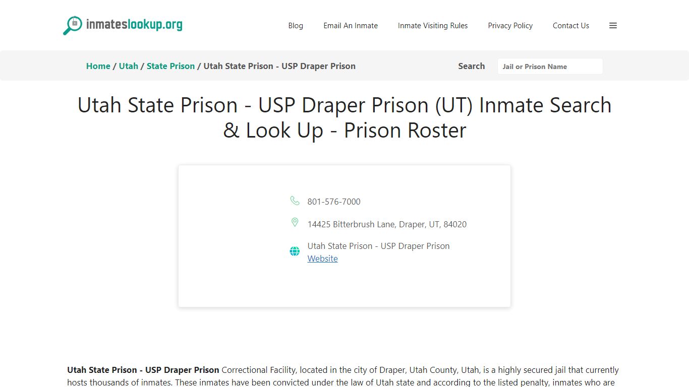 Utah State Prison - USP Draper Prison (UT) Inmate Search & Look Up ...